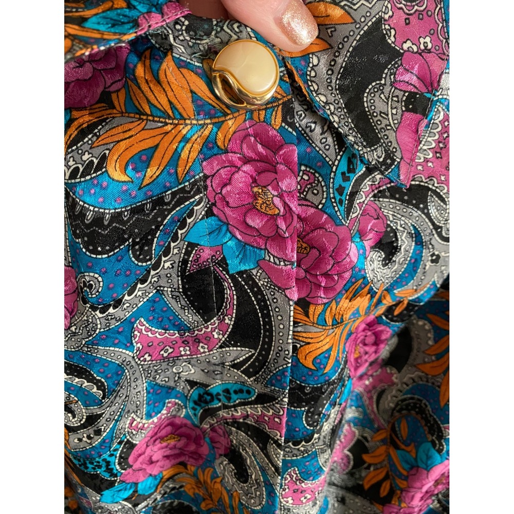 Cricket Lane Vintage‎ Paisley Floral Satin Blouse Pink Blue Long Sleeve Large - Picture 3 of 7